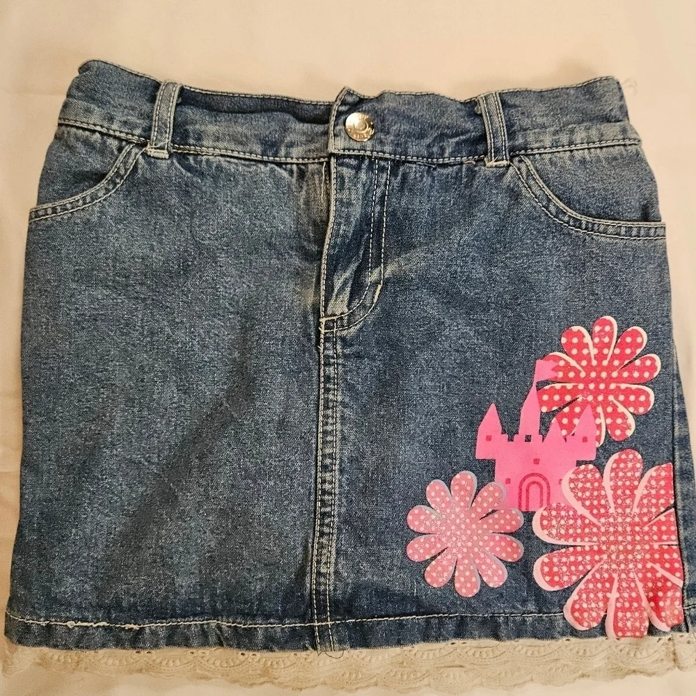 Disney Girls Blue Jean Skirt With Built In Shorts Princess Castle Design Size 6